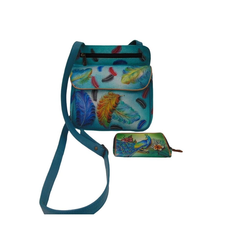 Anuschka Leather Crossbody Purse Wallet Teal Blue Feather Peacock Hand Painted